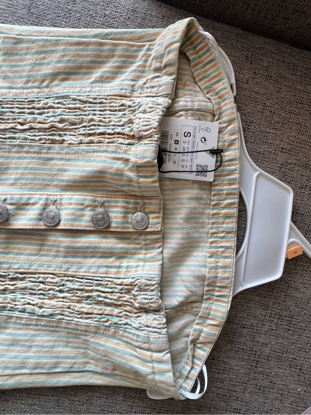 New Zara Casual Cotton Jeans Striped Top in Mint & Cream - Size S
